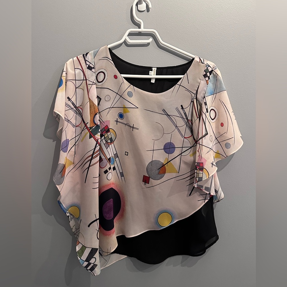 Abstract Art Flutter Sleeve Asymmetrical Blouse